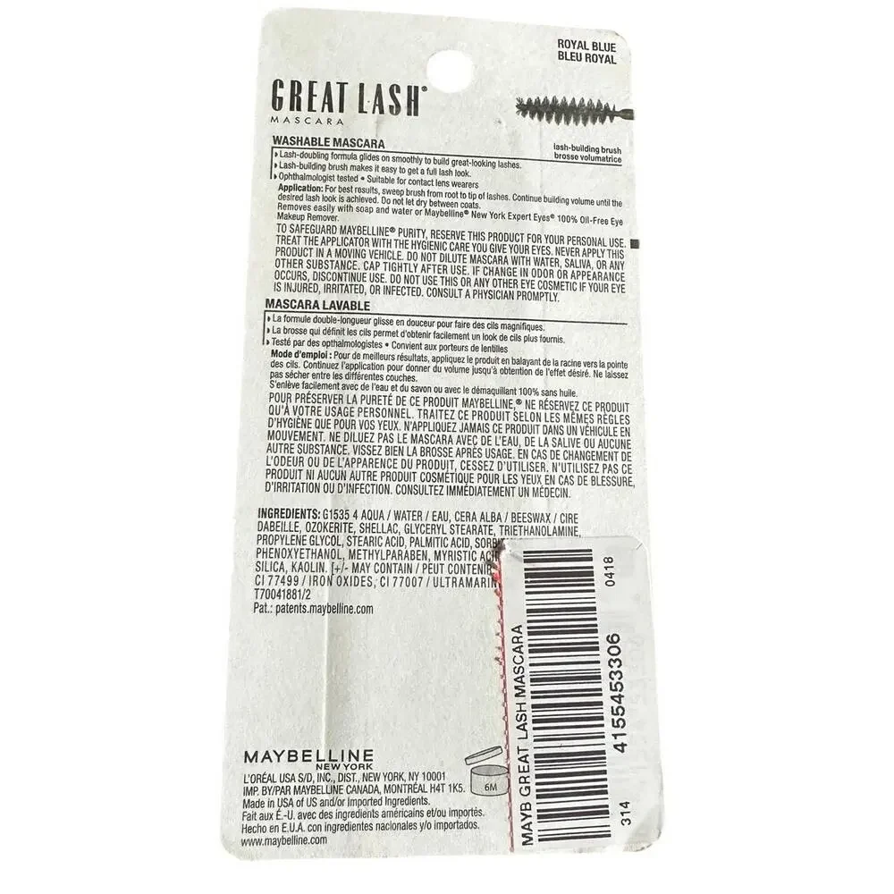 Maybelline New In Package Great Lash Washable Mascara 104 Royal Blue